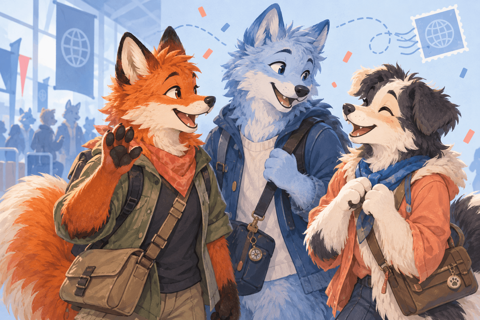 Original illustration of three furry friends meeting at a convention